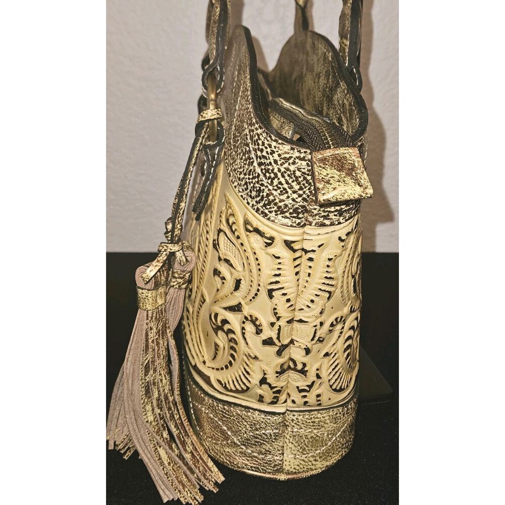 Patricia Nash Burnished Tooled Zorita Satchel Bag Metallic gold finish 14x10x4 - Picture 7 of 15